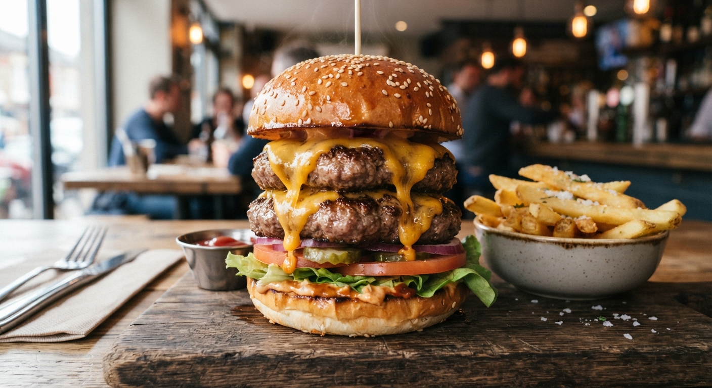 Hamburguesa doble con cheddar fundido sobre tabla de madera, con papas fritas, en el restaurante