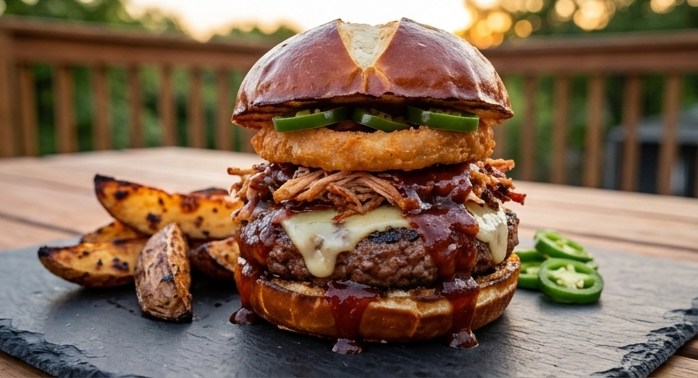 El Volcán: hamburguesa con cerdo BBQ, aros de cebolla y jalapeños