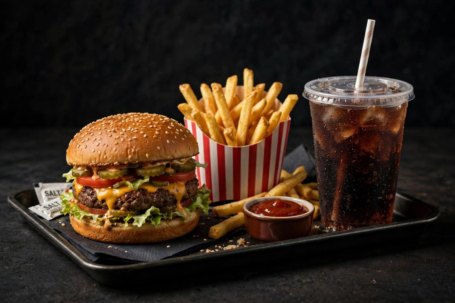 Combo Clásico: hamburguesa con queso, papas fritas y refresco en bandeja