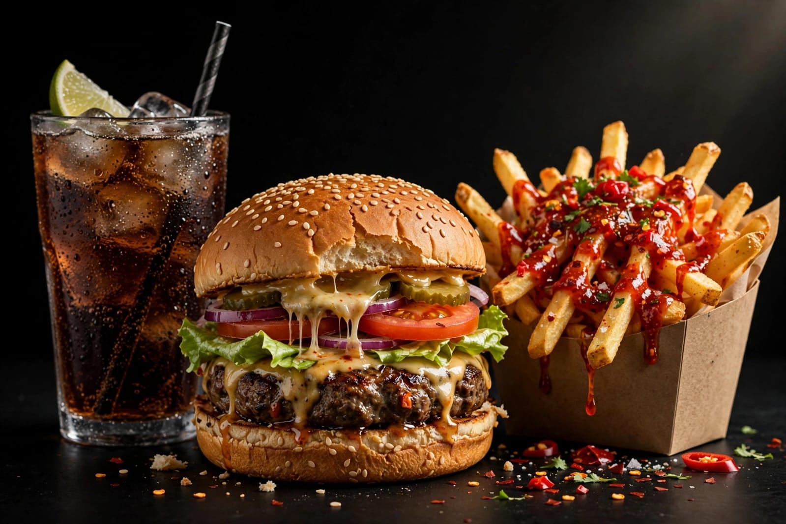 Combo La Estampida: hamburguesa con queso fundido, papas con salsa picante y refresco